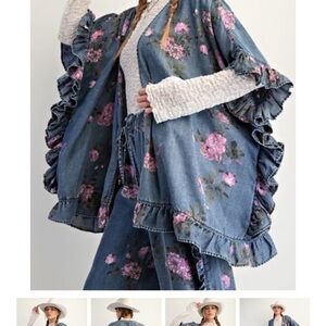 Easel Blue Floral Ruffle Kimono